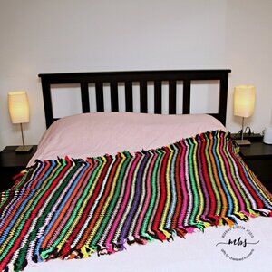 Vintage Multicolor Striped Parallelogram Shaped Crochet Blanket Throws rainbow